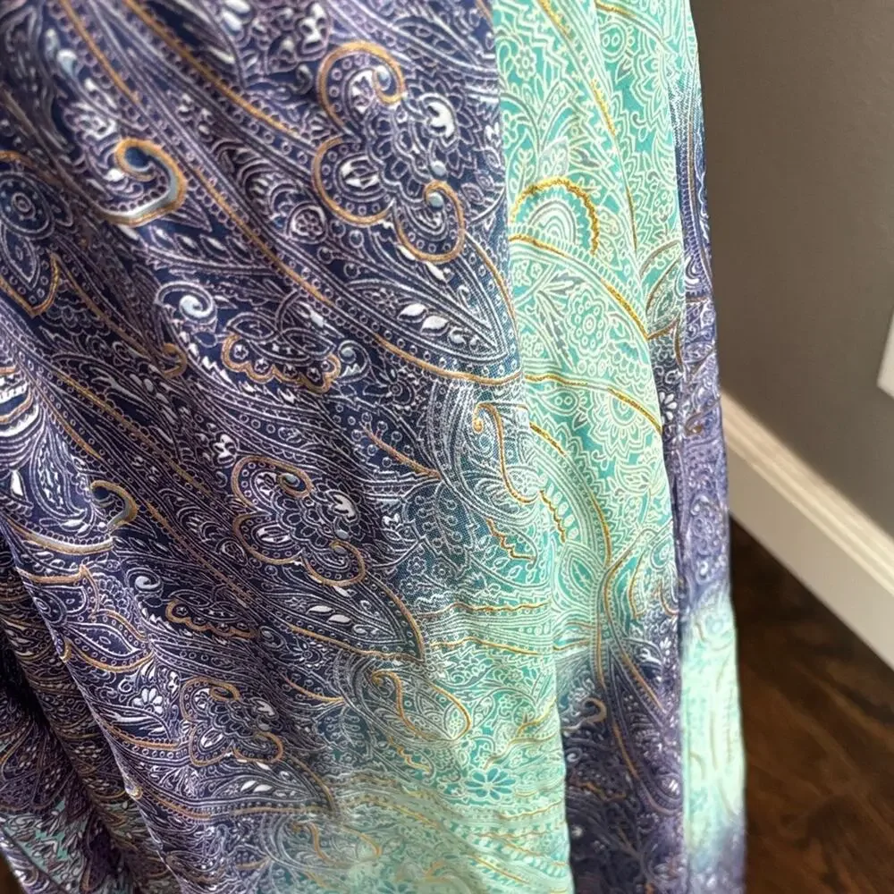 Flowy Bohemian Maxi Dress in Indigo & Mint with Gold Accents - Picture 6 of 7